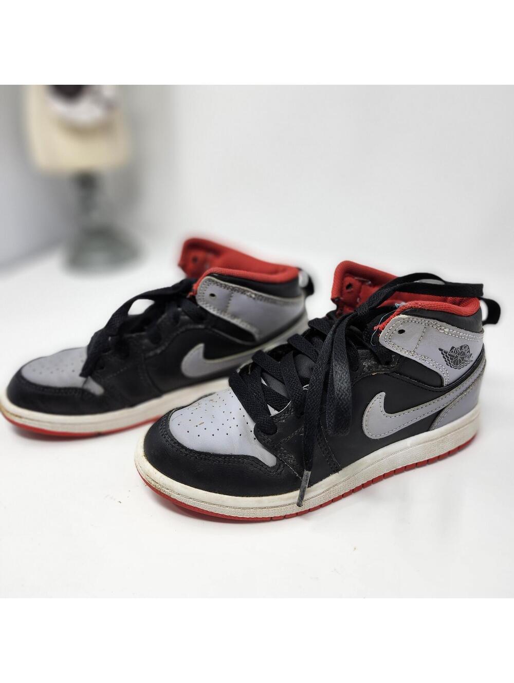 Nike Air Jordan 1 Mid Youth Sneakers Black Gray Red Size 3Y